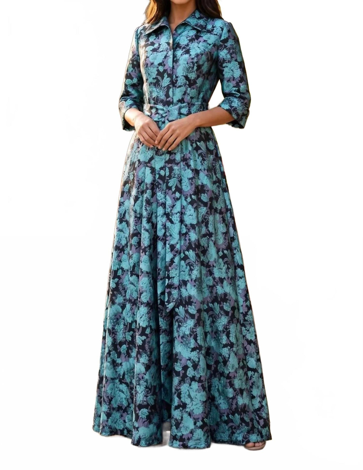 Formal Shirt Collar Printed Evening Gown In Dark Lilac