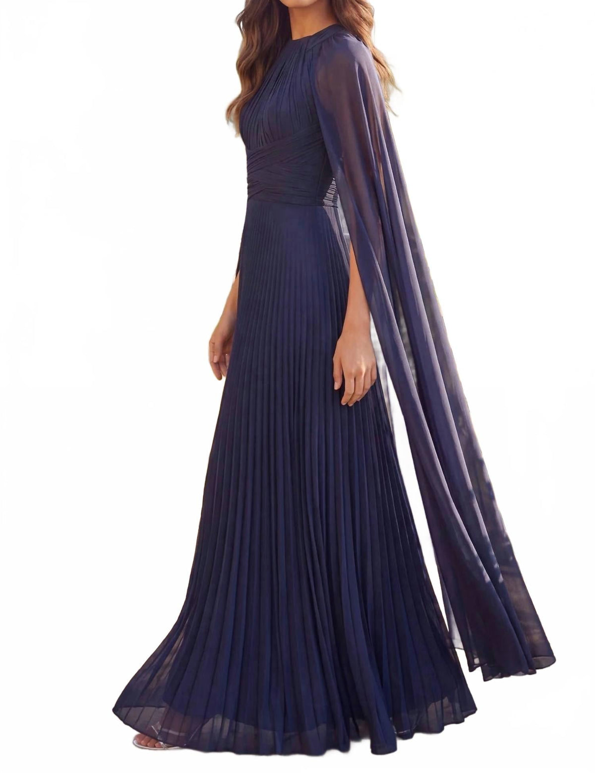 Draped A Line High Neck Cape Sleeve Dress In Navy