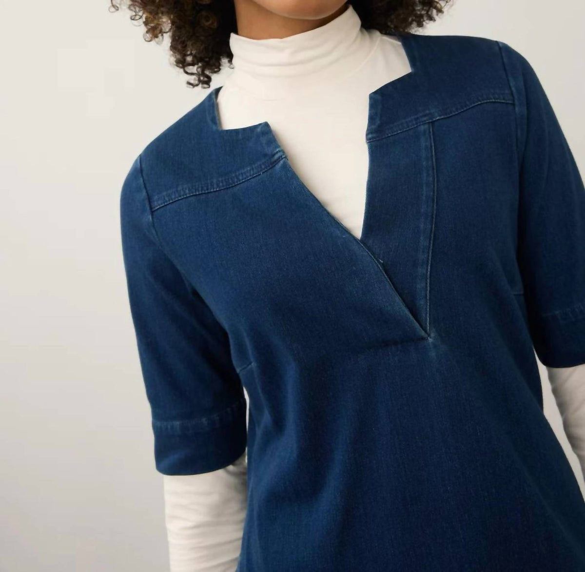 Elbow Sleeve Shift Dress In Dark Rinse