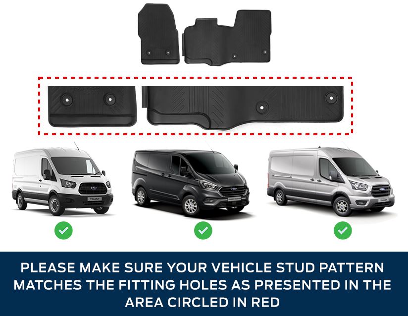TRANSIT & CUSTOM FRONT RUBBER FLOOR MATS ALL-WEATHER BLACK MANUAL DOUBLE PASSENGER SEAT 2012-ONWARDS