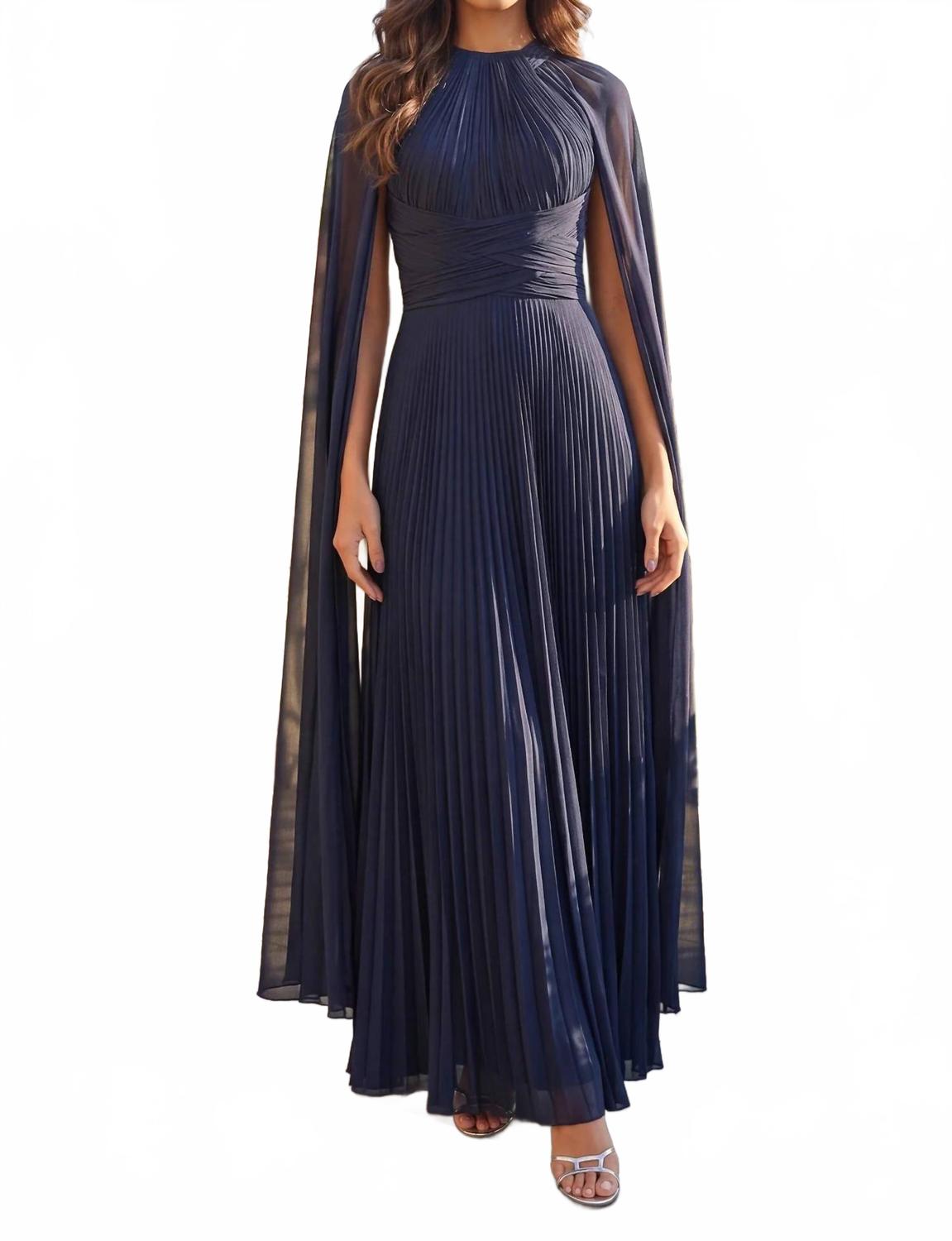 Draped A Line High Neck Cape Sleeve Dress In Navy