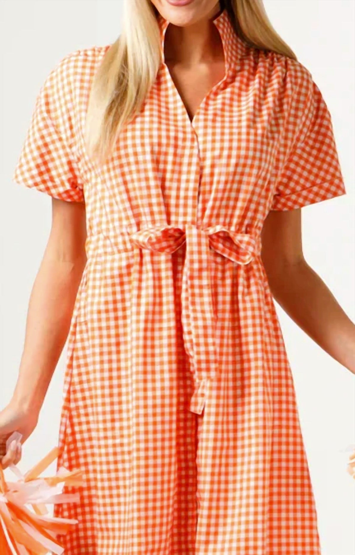 Bria Midi Dress In Orange And White Gingham