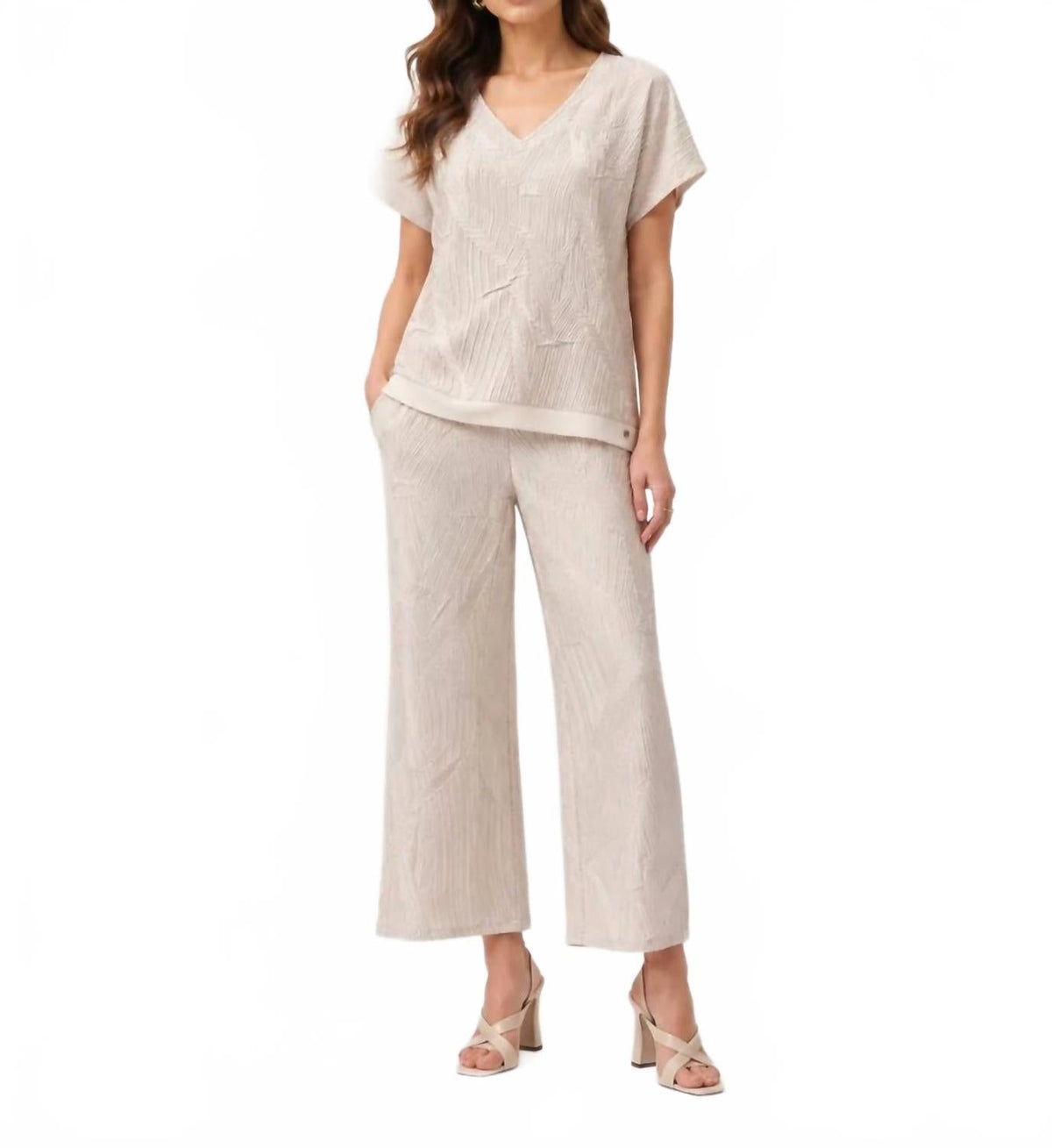 Pleated Satin Boxy Top With Silky Knit Back In Beige