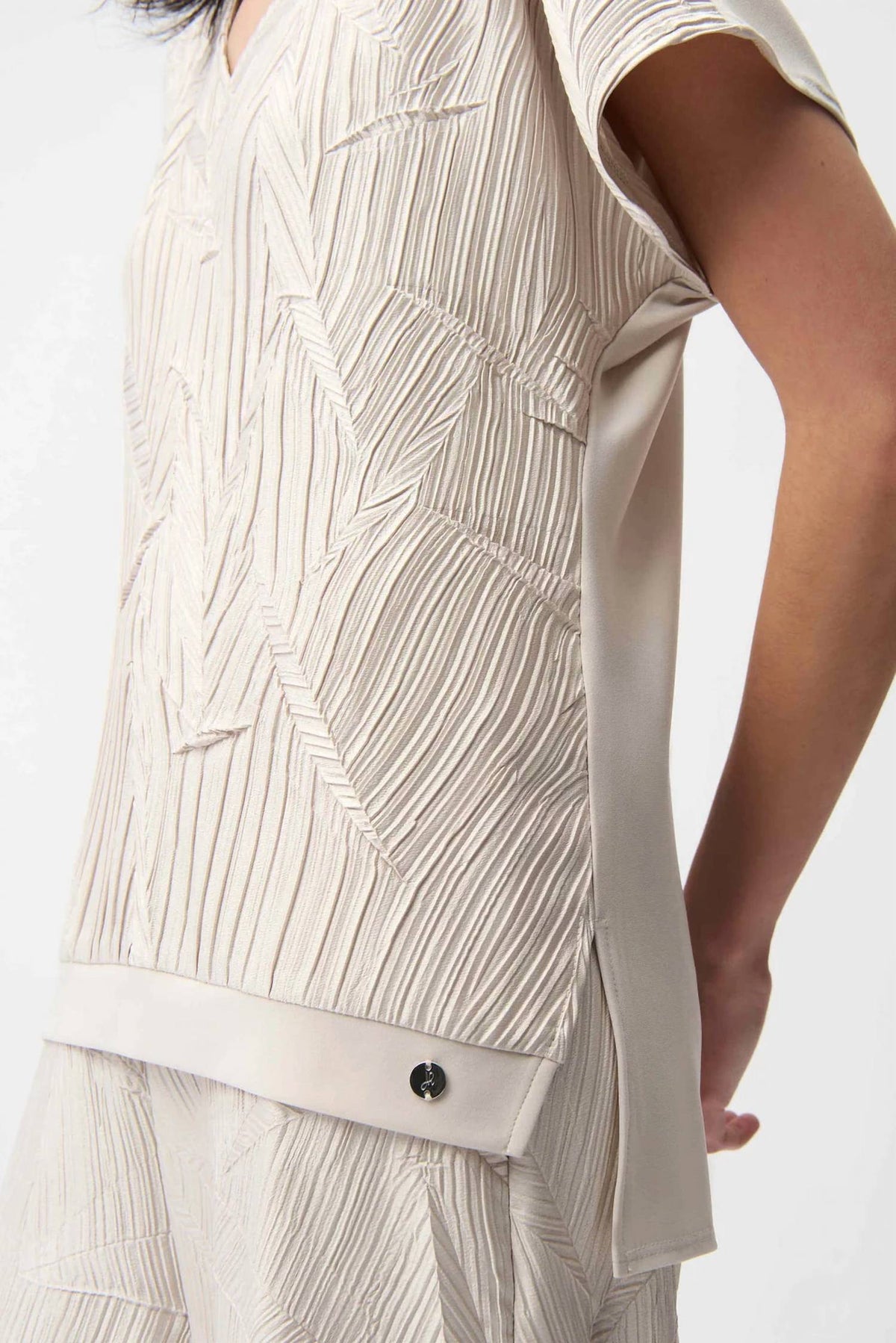 Pleated Satin Boxy Top With Silky Knit Back In Beige