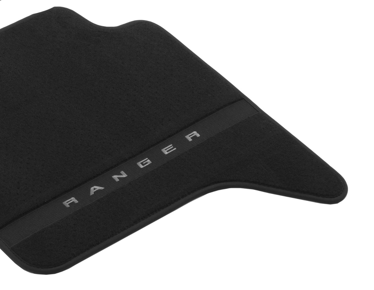 RANGER P703 DOUBLE CAB FRONT & REAR VELOUR CARPET FLOOR MAT KIT CONTOURED SET BLACK WITH MODEL LOGO 2022-ONWARDS