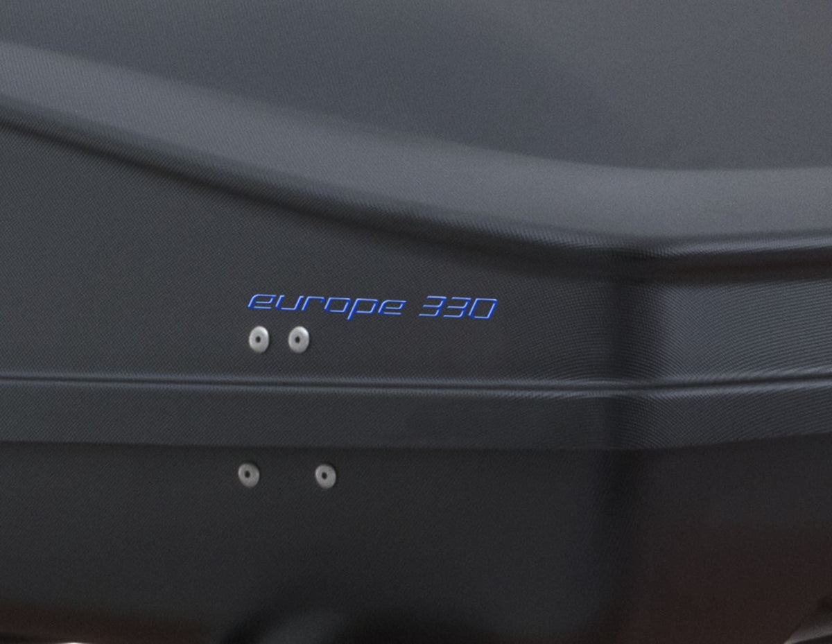 G3* ELEGANCE EUROPE 330L ROOF BOX LOCKABLE DUAL OPENING EMBOSSED MATT BLACK