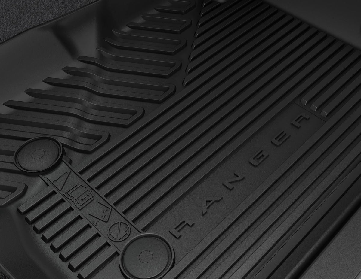 RANGER P703 DOUBLE CAB FRONT & REAR RUBBER FLOOR MAT KIT CONTOURED SET BLACK WITH MODEL LOGO 2022-ONWARDS