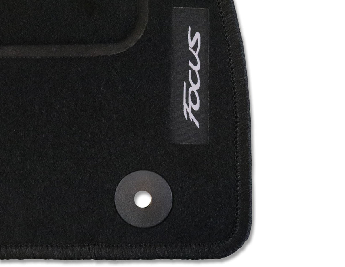FOCUS FRONT & REAR CARPET FLOOR MATS CONTOURED SET BLACK WITH MODEL LOGO 2015-2019