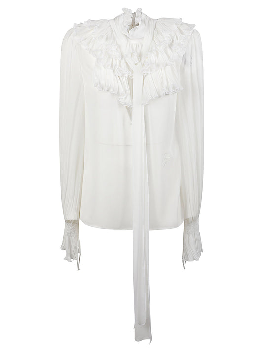 Ruffled Collar Tie Detail Long Sleeve Shirt