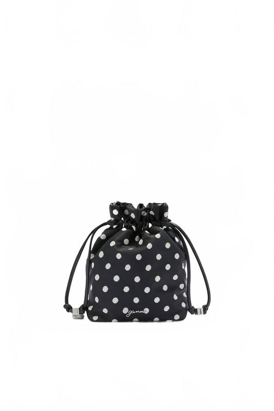 Women's Leather Drawstring Printed Pouch In Black