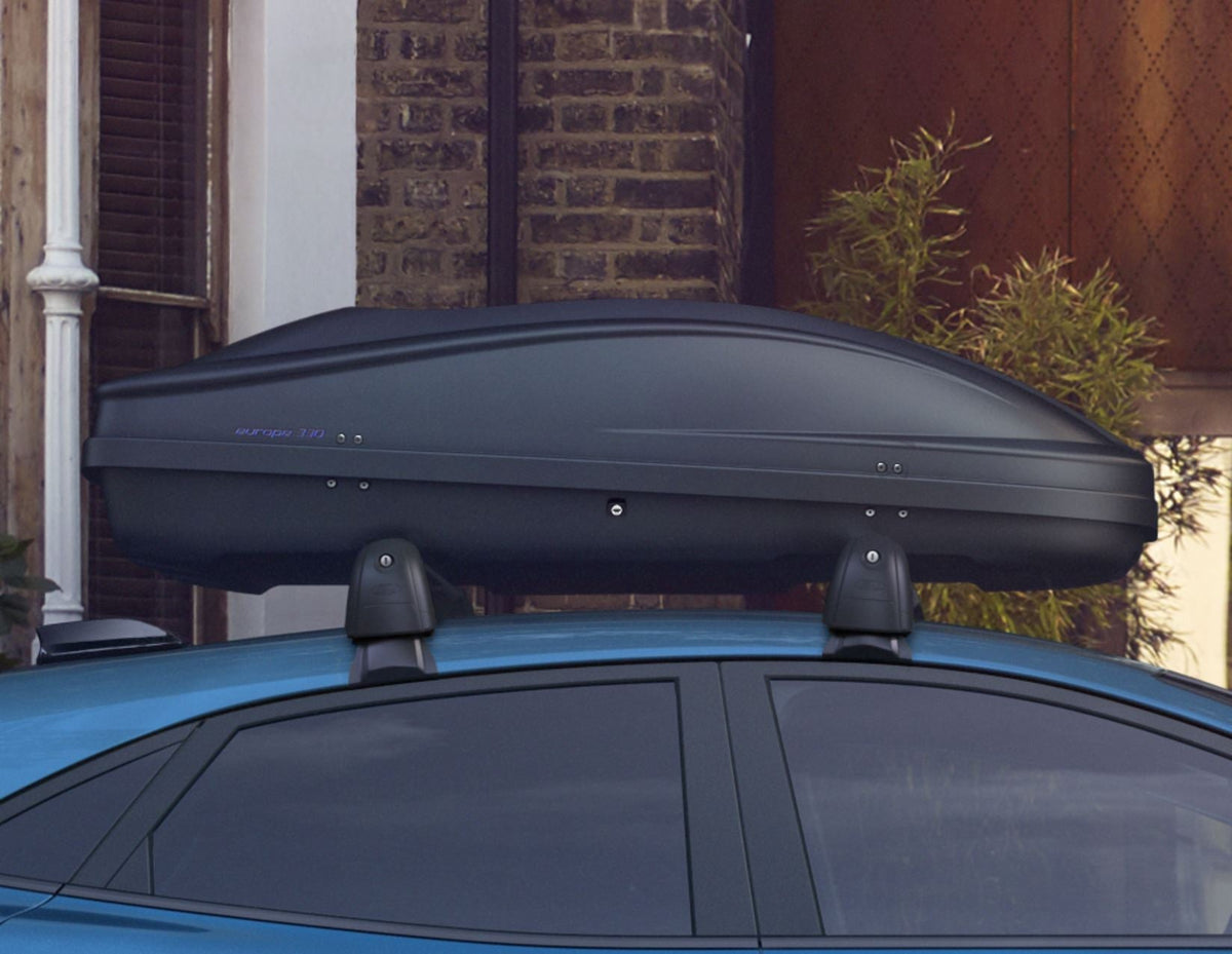 G3* ELEGANCE EUROPE 330L ROOF BOX LOCKABLE DUAL OPENING EMBOSSED MATT BLACK