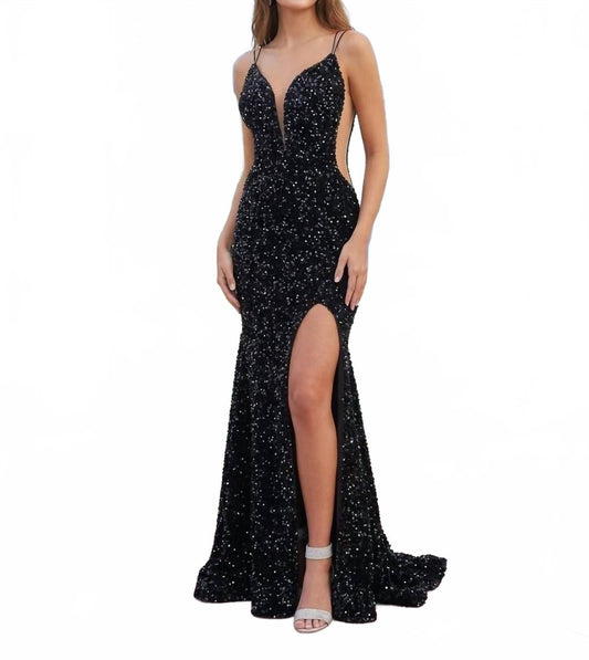 Plunging V-Neck Mermaid Gown In Black