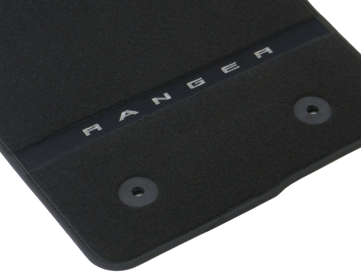 RANGER P703 DOUBLE CAB FRONT & REAR VELOUR CARPET FLOOR MAT KIT CONTOURED SET BLACK WITH MODEL LOGO 2022-ONWARDS