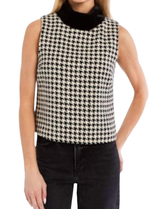 Marisol Fur Top In Black/white Houndstooth