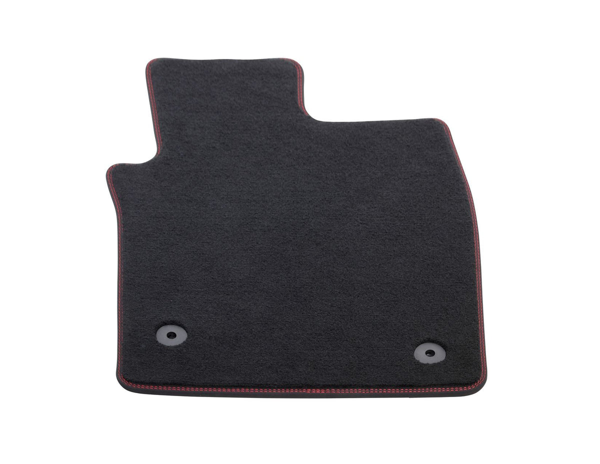 FOCUS FRONT VELOUR CARPET FLOOR MAT CONTOURED BLACK WITH RED STITCHING MANUAL TRANSMISSION 2018-2025
