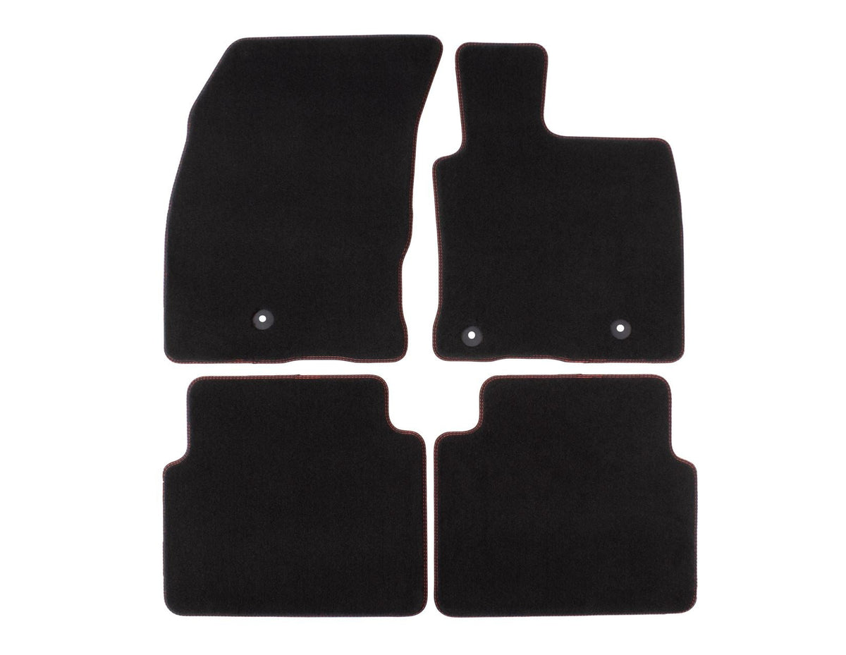 KUGA FRONT & REAR VELOUR CARPET FLOOR MAT KIT CONTOURED SET BLACK WITH DOUBLE RED STITCHING 2020-ONWARDS