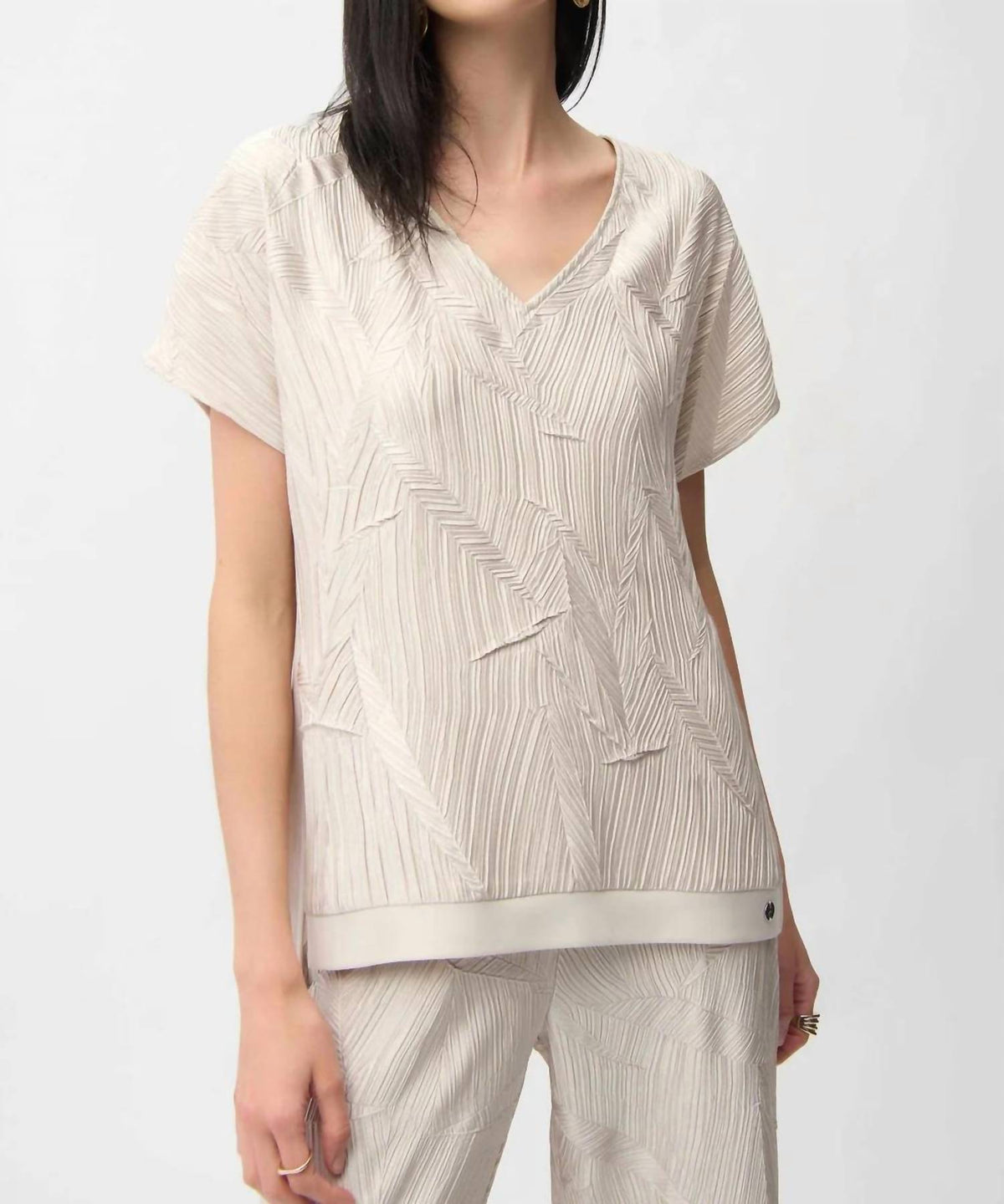 Pleated Satin Boxy Top With Silky Knit Back In Beige