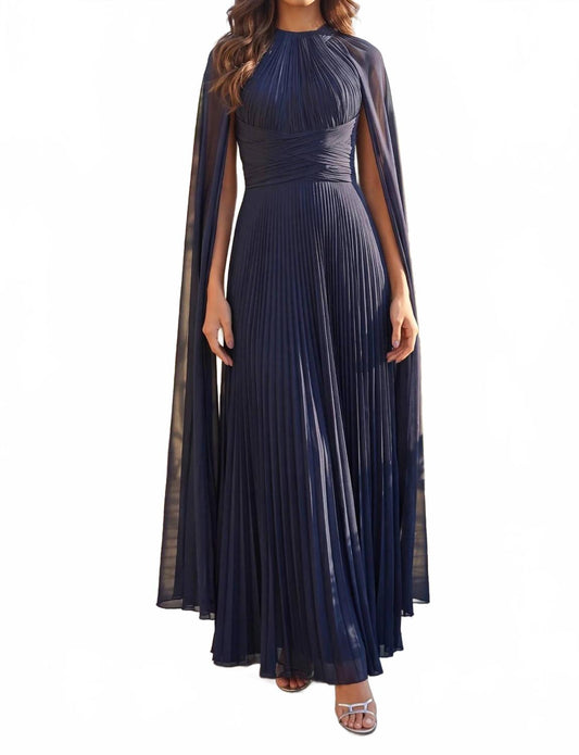 Draped A Line High Neck Cape Sleeve Dress In Navy