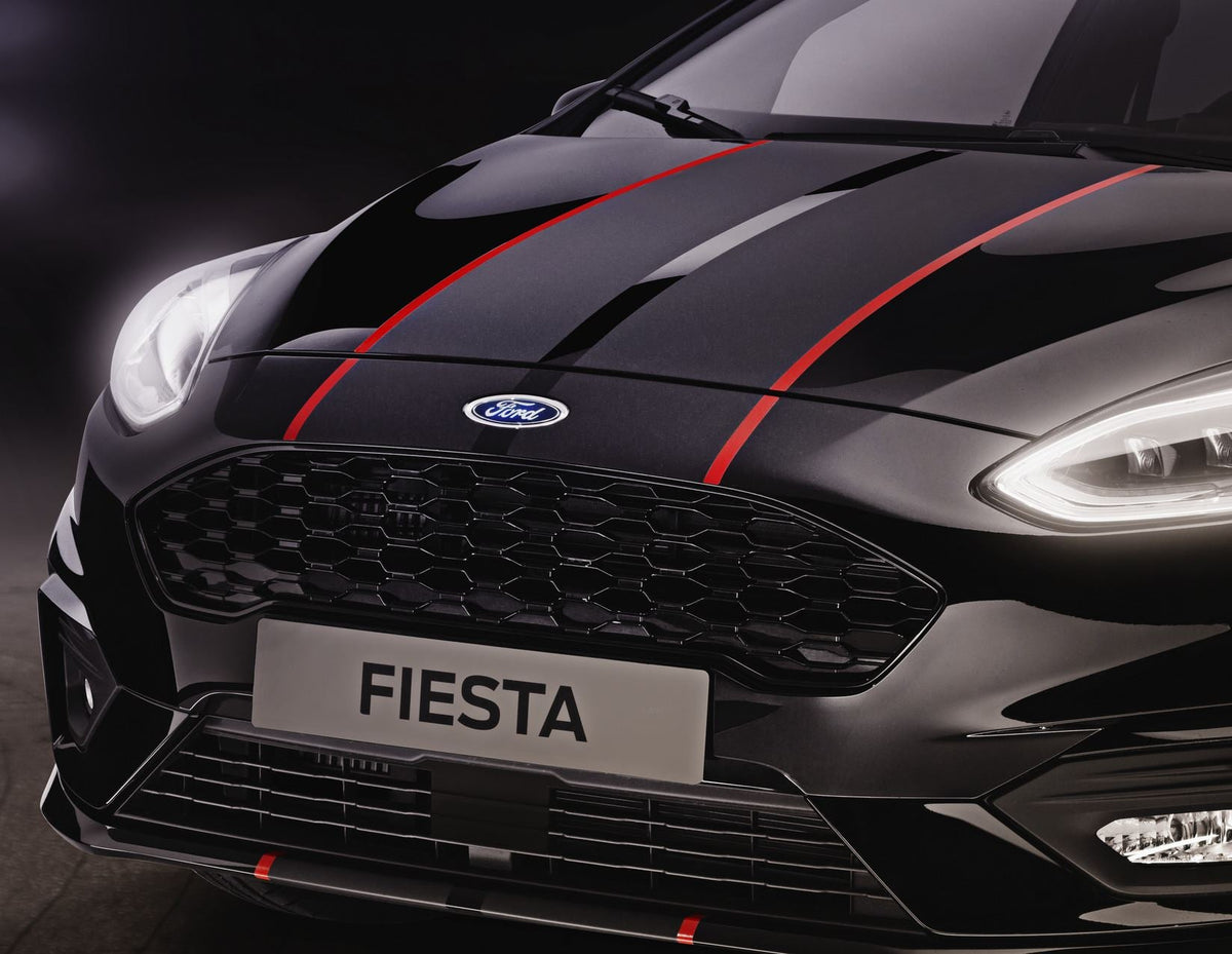 FIESTA BONNET STRIPE DECAL SELF-ADHESIVE TWIN STRIPES MATTE BLACK & HIGH-GLOSS RED 2017-2023