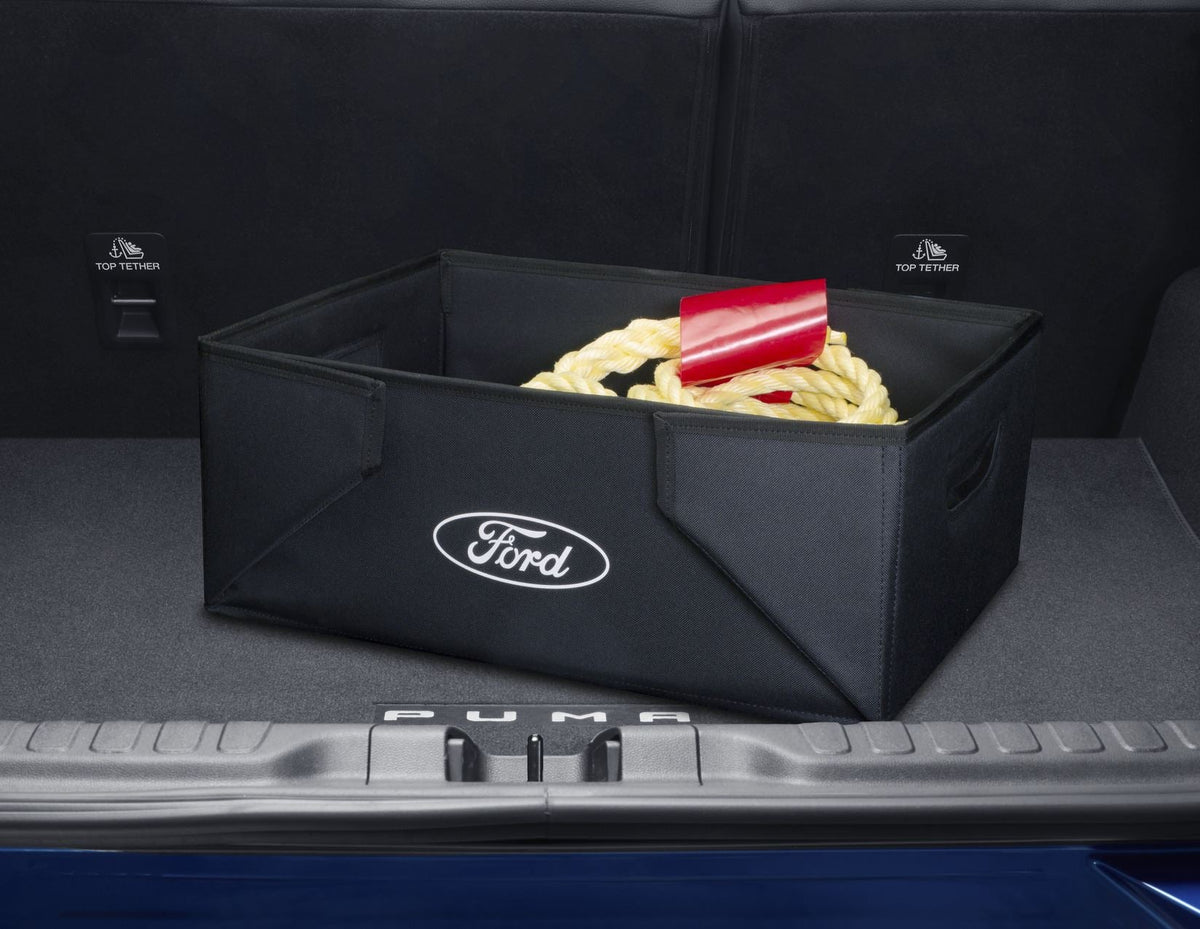 FABRIC TRANSPORT ORGANISER BOX FOLDABLE OPEN TOP BLACK WITH WHITE FORD OVAL ON BOTH SIDES
