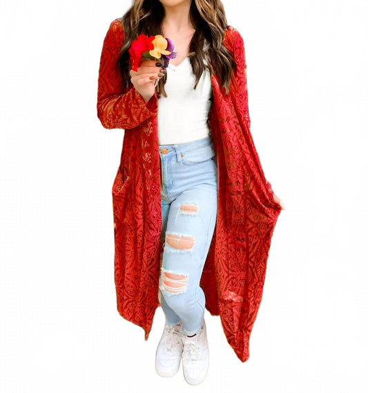 Women's Shimmer Velvet Mesh Duster Cardigan In Red