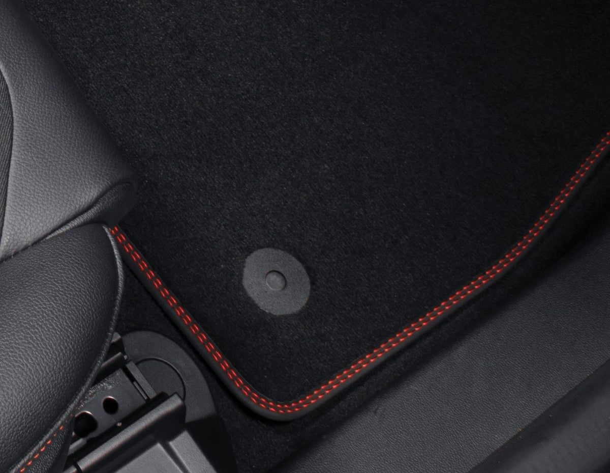 FIESTA PUMA FRONT VELOUR CARPET FLOOR MATS CONTOURED BLACK WITH RED STITCHING 2017-ONWARDS