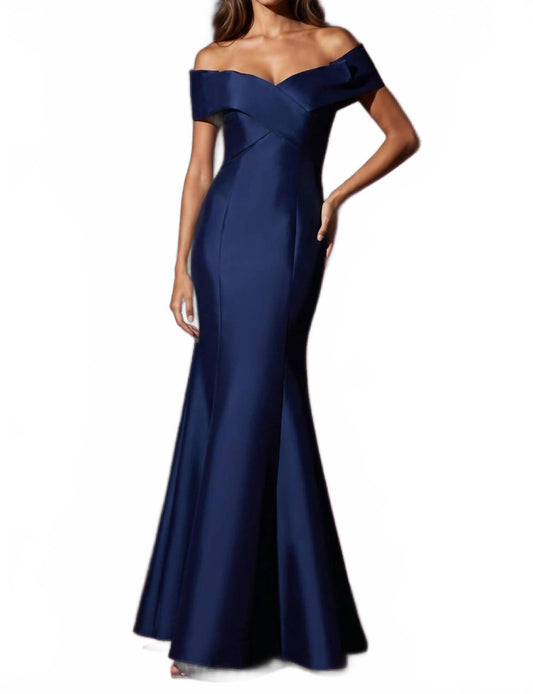 Mikado Off Shoulder Criss Cross Bodice Dress In Navy