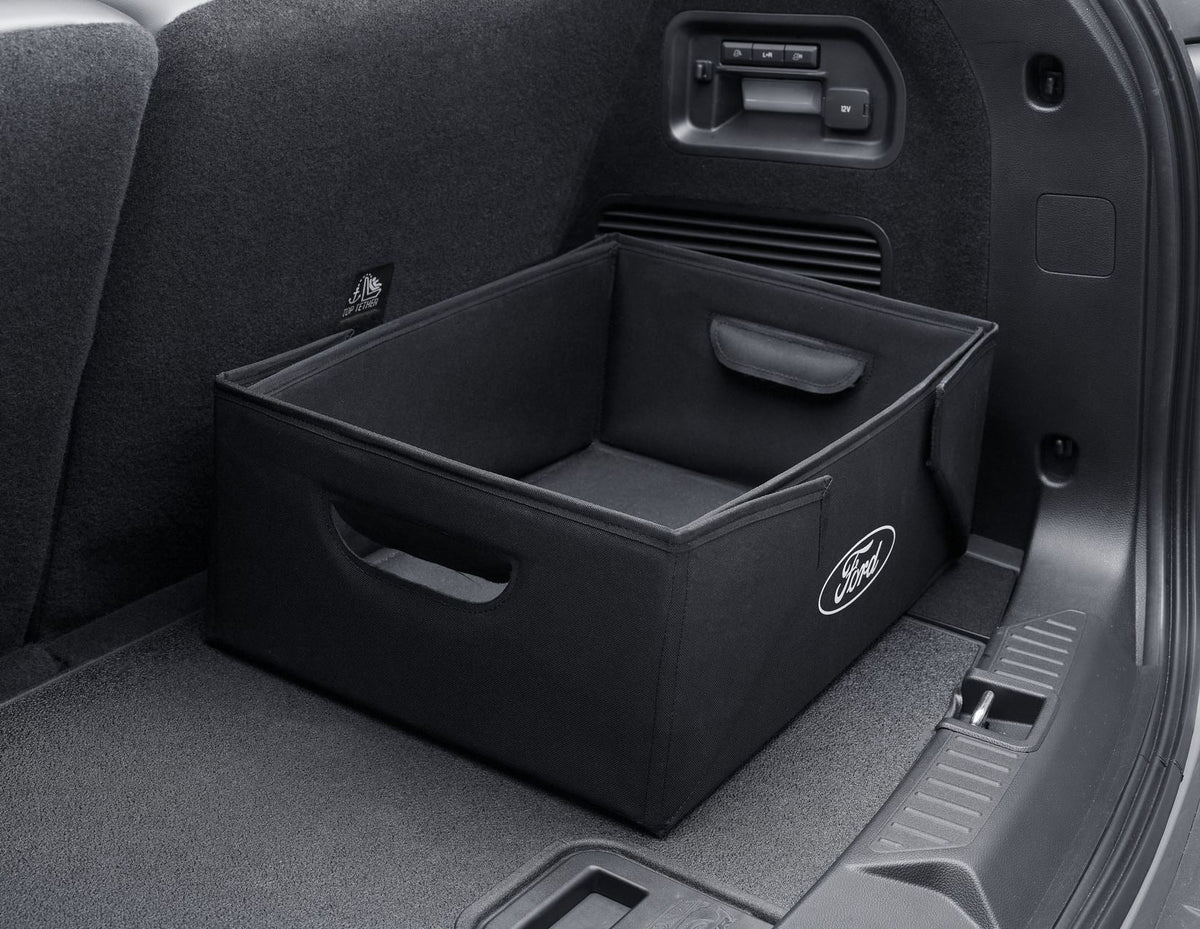 FABRIC TRANSPORT ORGANISER BOX FOLDABLE OPEN TOP BLACK WITH WHITE FORD OVAL ON BOTH SIDES