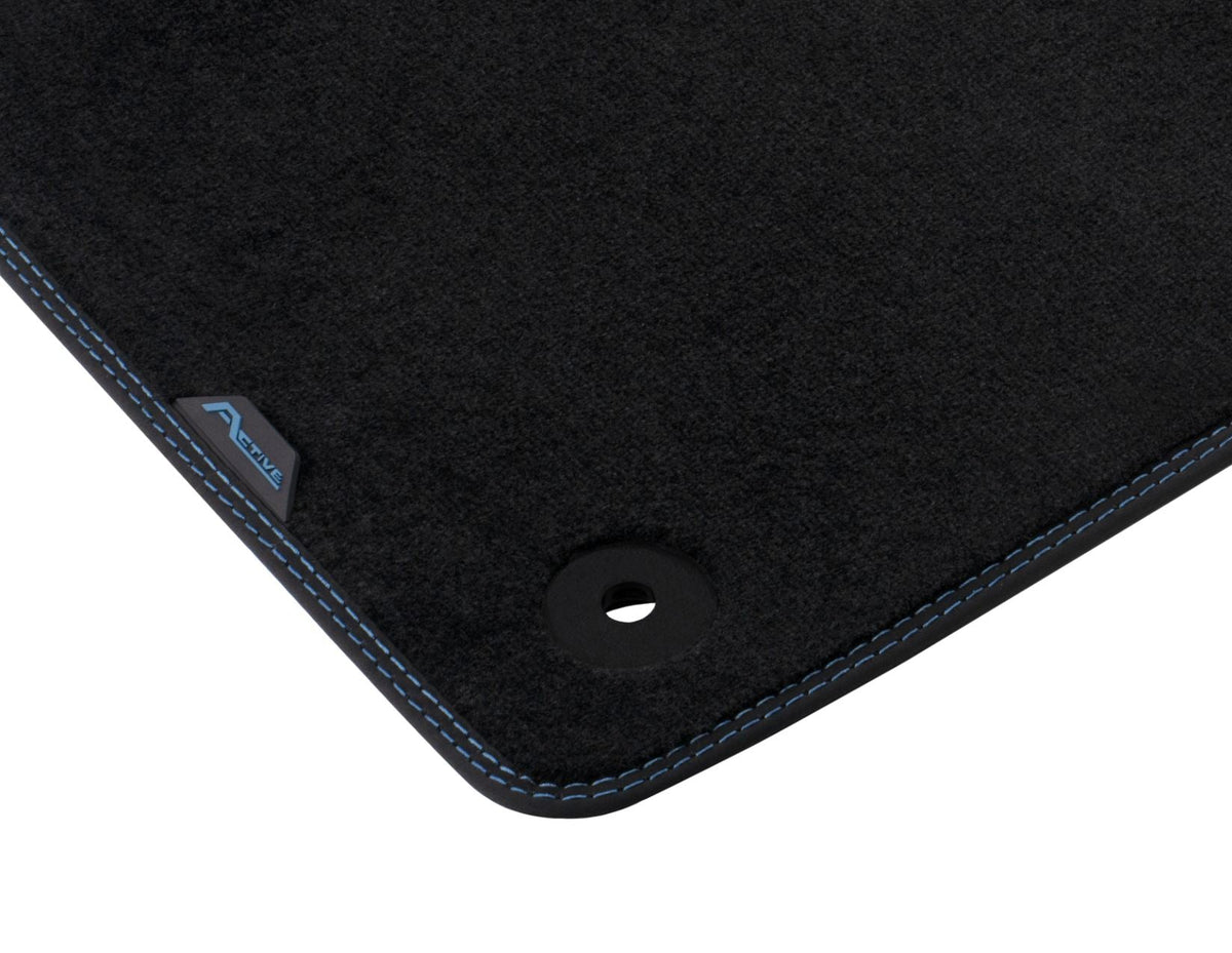 TRANSIT TOURNEO COURIER FRONT CARPET FLOOR MATS CONTOURED BLACK WITH BLUE STITCHING & ACTIVE LOGO 2023-ONWARDS