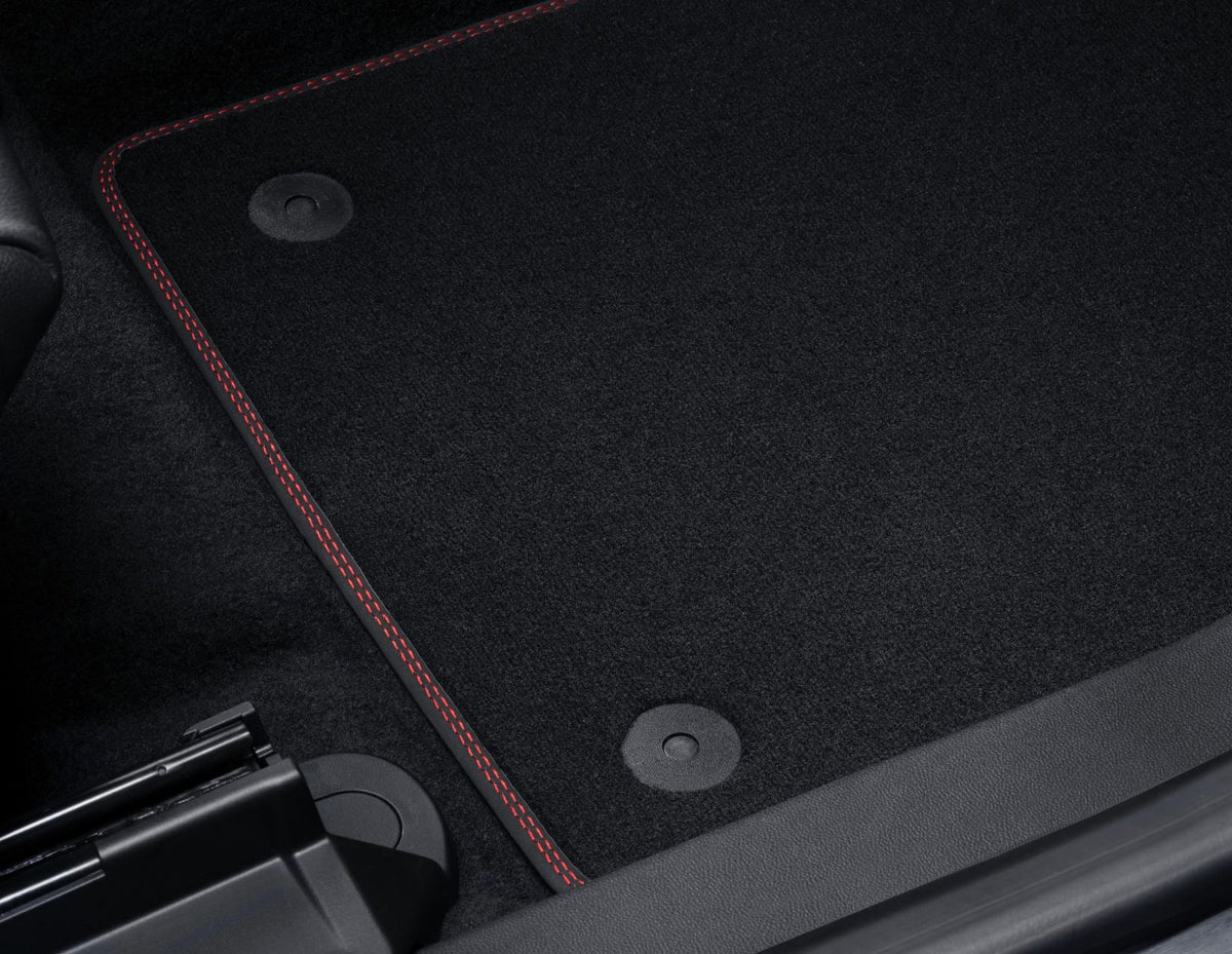 FIESTA PUMA FRONT VELOUR CARPET FLOOR MATS CONTOURED BLACK WITH RED STITCHING 2017-ONWARDS
