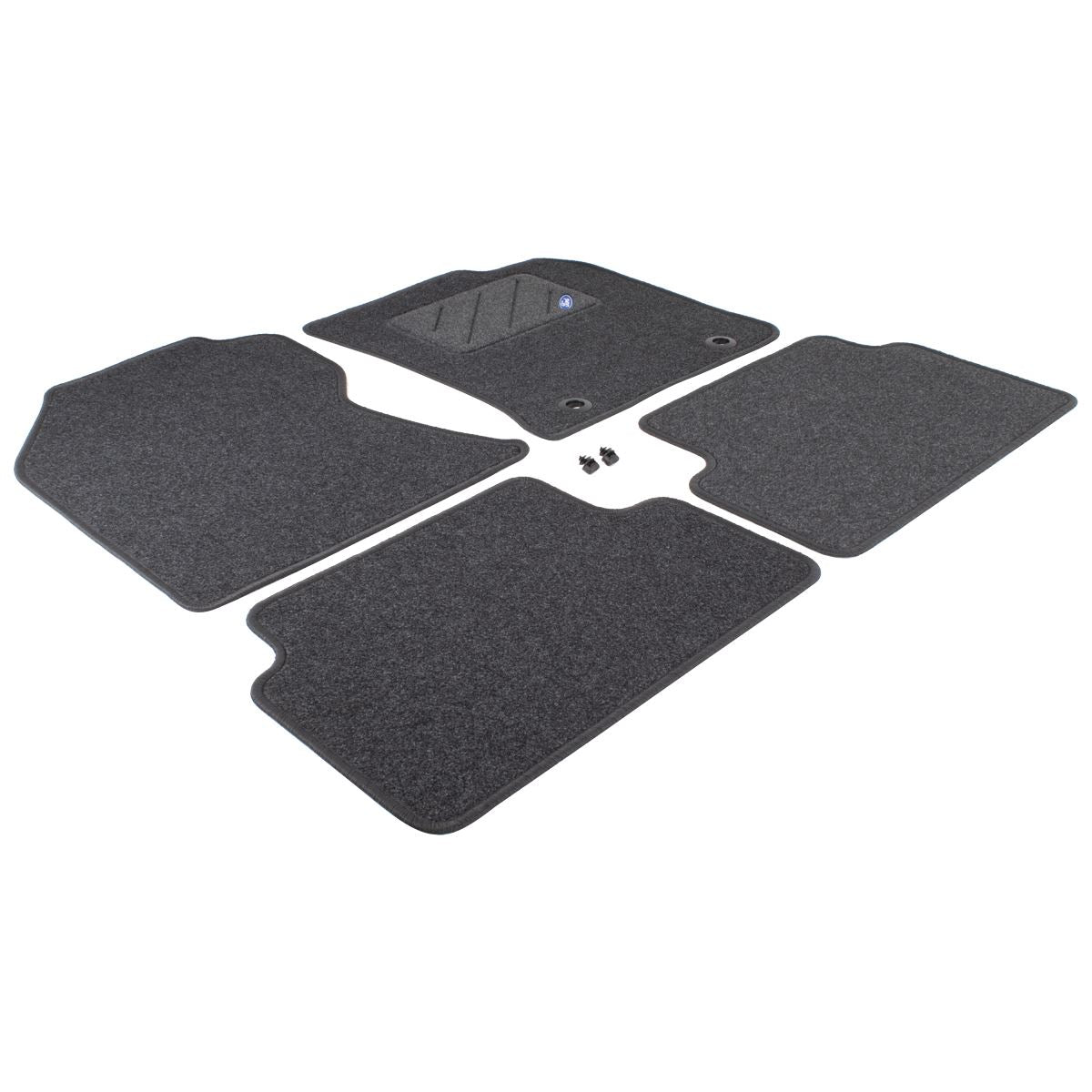 FOCUS FRONT & REAR CARPET FLOOR MAT KIT CONTOURED SET BLACK WITH BLUE OVAL LOGO 2001-2005