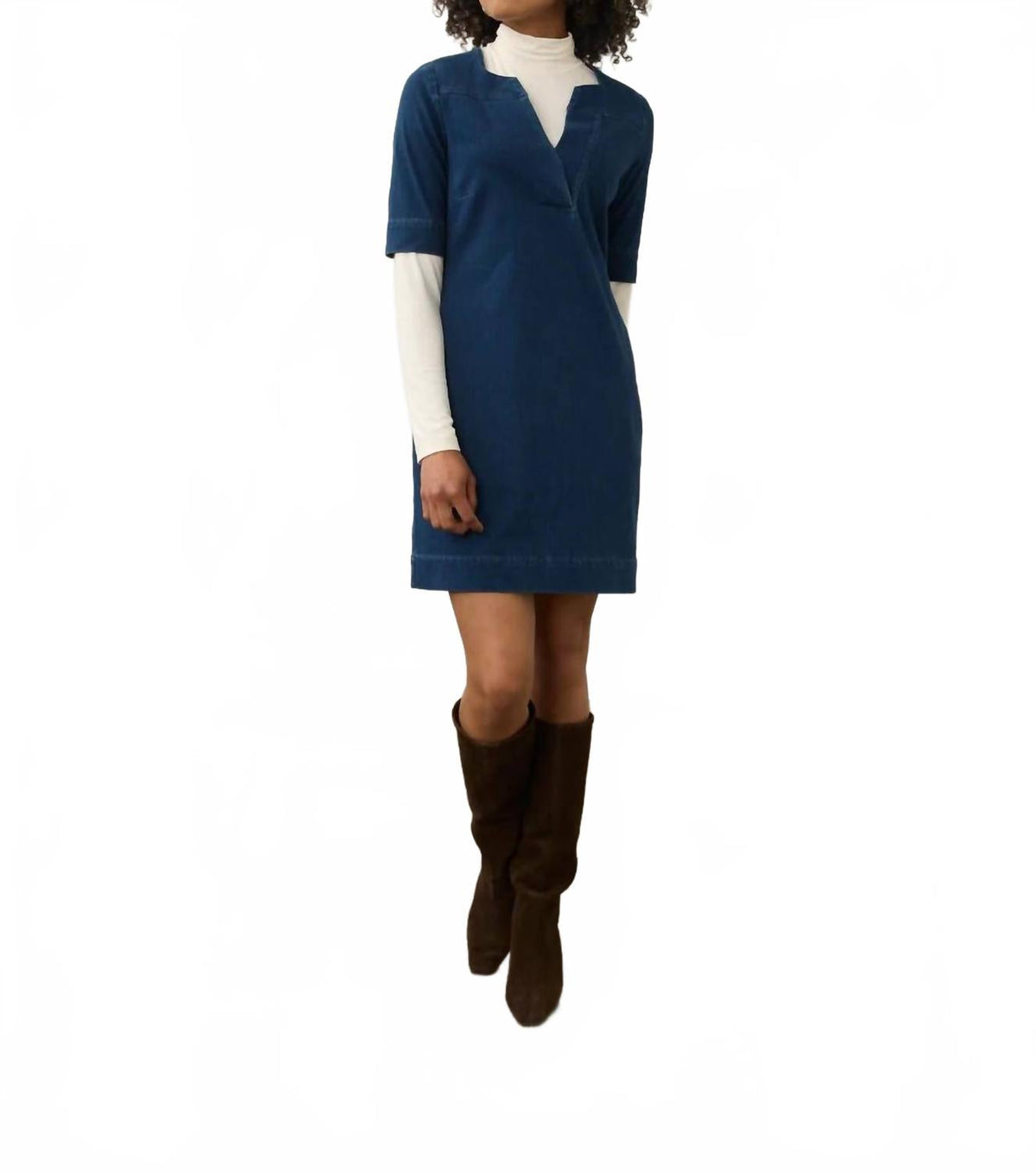 Elbow Sleeve Shift Dress In Dark Rinse