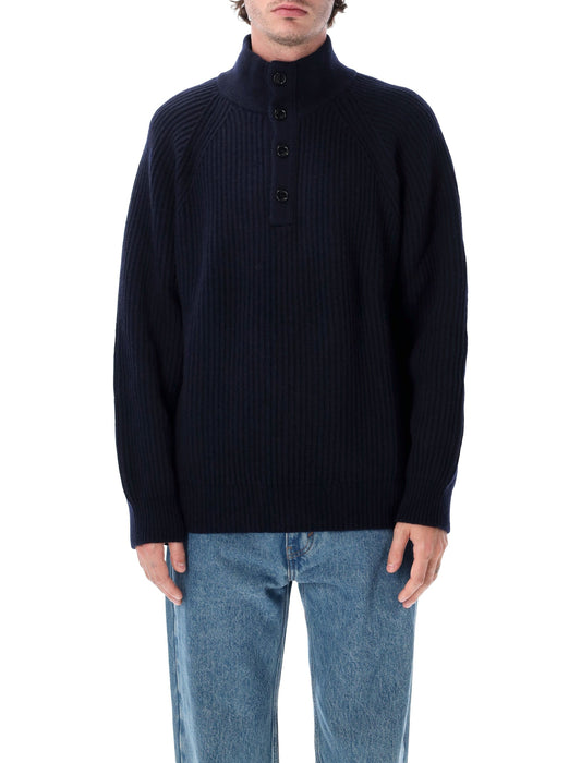 Ribbed Knit High Neck Button Sweater