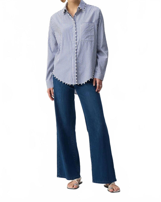 Striped Stretch Cotton Shirt In Midnight Blue