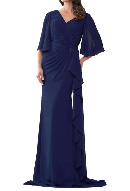 V-Neck Chiffon Evening Maxi Dress In Navy