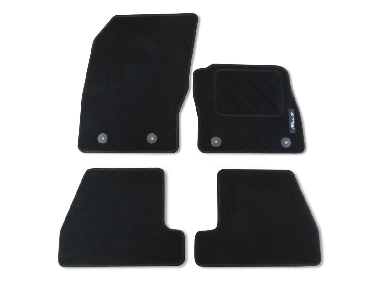 FOCUS FRONT & REAR CARPET FLOOR MATS CONTOURED SET BLACK WITH MODEL LOGO 2015-2019